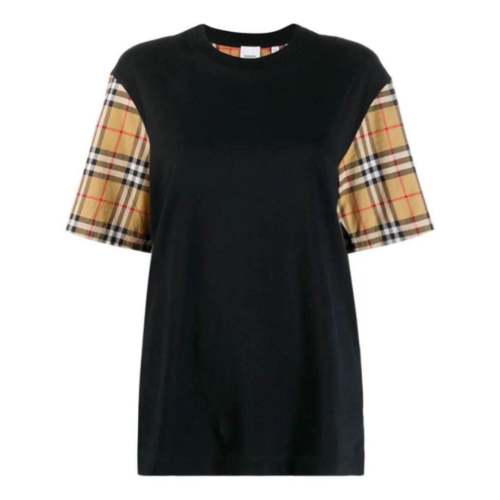 BURBERRY/博柏利  张韶涵同款黑色经典格纹拼接休闲宽松女士短袖T恤 8014895BLK (批次不同新旧版标签除机发放)