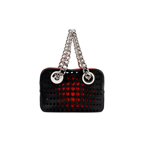 PRADA/普拉达  皮质锁链镂空单肩包 黑/红色