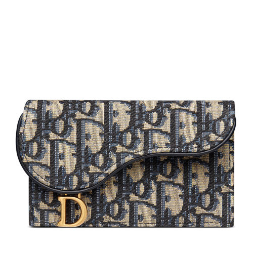 DIOR/迪奥 22新款SADDLE系列 女士蓝色老花帆布配黑色皮革D字金扣翻盖开合马鞍钱包卡包S5692CTZQ_M928