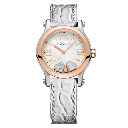  Chopard/萧邦 HAPPY HEARTS系列 石英表镶钻精钢18克拉玫瑰金表壳白鳄鱼皮表带女表30毫米278590-6005