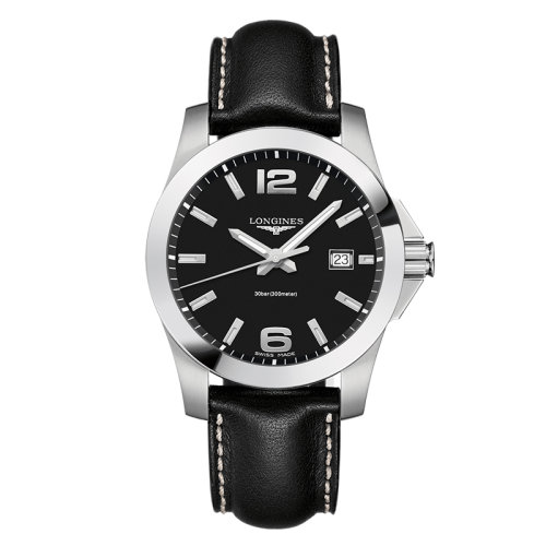 LONGINES/浪琴 康卡斯系列 石英表黑盘精钢表壳皮质表带男表41毫米L3.759.4.58.3