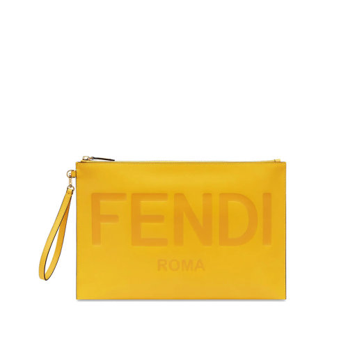 FENDI/芬迪  女士大号黄色小牛皮热印徽标拉链封口金色饰面金属配饰可拆卸腕带手拿包8N0178AC9LF192E