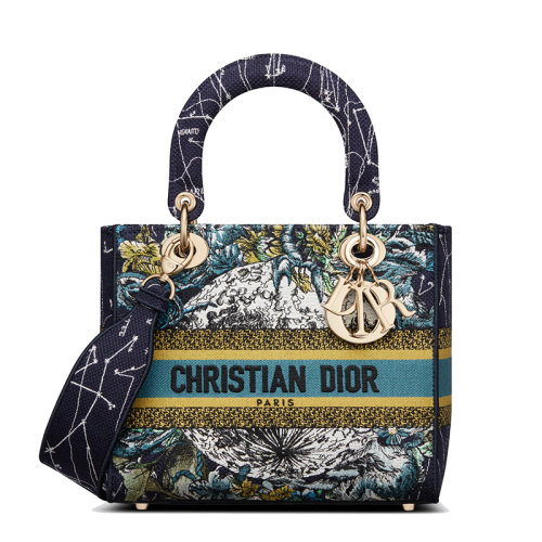 DIOR/迪奥   LADY D-LITE系列 女士中号蓝色星座图案刺绣织物单肩斜挎手提戴妃包M0565ORHP_M928