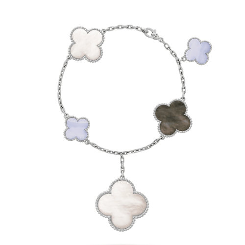 Van Cleef & Arpels/梵克雅宝 经典Magic Alhambra 系列 18k金白金白色灰色珍珠母贝玉髓5个四叶草挂坠手链VCARL62400