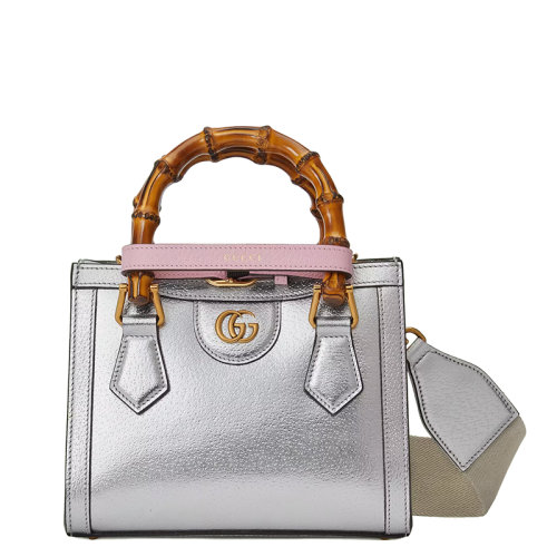 GUCCI/古驰 22春夏新款Diana系列 女士迷你银色皮革金扣竹节提手配可拆卸肩带单肩斜挎手提包7027321TRGT8190