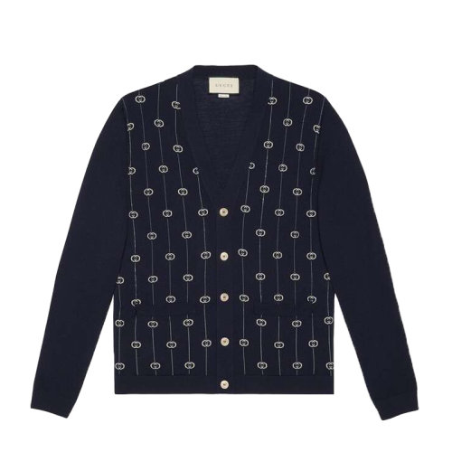 GUCCI/古驰  男装 服装 深蓝色条纹双G刺绣开衫毛衣针织衫 男士毛衣