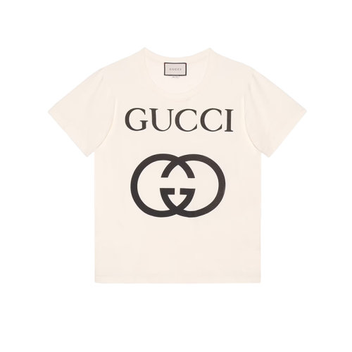 GUCCI/古驰 22年春夏新款 男士白色纯棉互扣式双G超大造型短袖T恤?493117X3Q357561