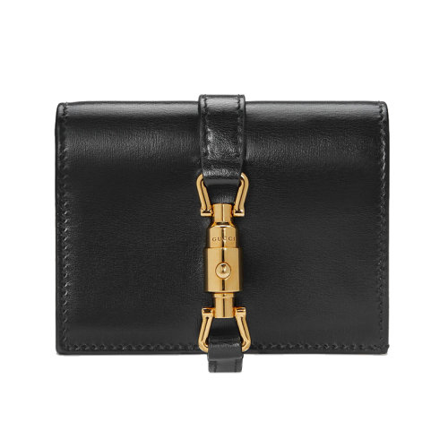 GUCCI/古驰 Jackie 1961 女士黑色皮革饰有金色扣卡夹钱包 64553614J0G1000