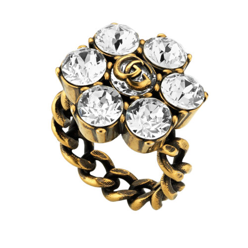 GUCCI/古驰 镀金金属Double G细节饰有水晶戒指 645682J1D508062