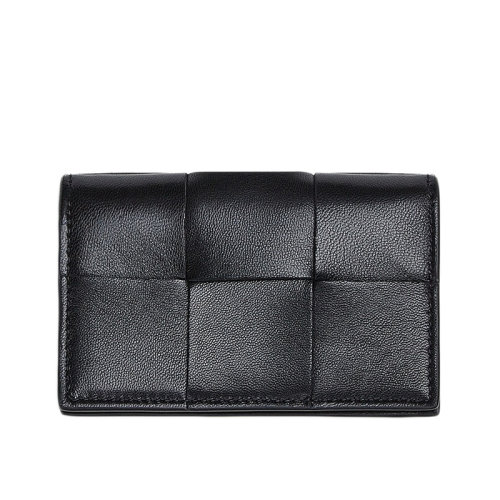 Bottega Veneta/葆蝶家  女士黑色Intrecciato编织羊皮小牛皮翻盖卡包651396VCQC48425