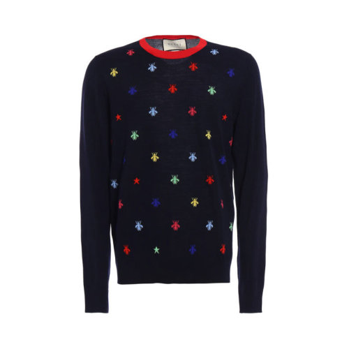 GUCCI/古驰  古琦男装 时尚 蜜蜂星星嵌花 男士深蓝色羊毛针织衫/毛衣 496452 X9I04 4944 HKY012345C