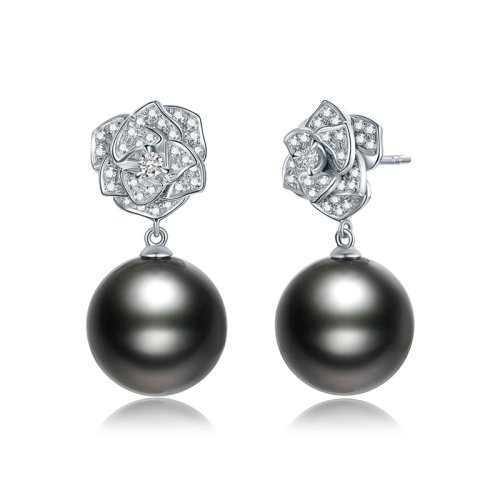 SANDYRILLA/仙蒂瑞拉 精致款 13-14mm大溪地黑珍珠18K金钻石耳钉