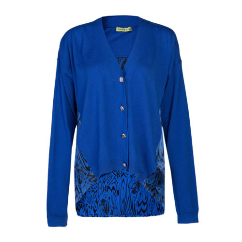 VERSACE/范思哲 女士蓝色棉质混纺粘胶纤维印花装饰V领长袖上衣羊毛衫 B4HMA839-6142-225