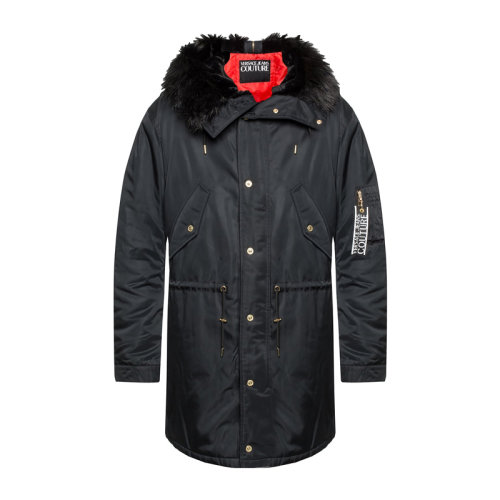 VERSACE JEANS/范思哲牛仔 男士黑色涤纶毛皮边饰连帽外套夹克大衣 C5GUA909-25013-899