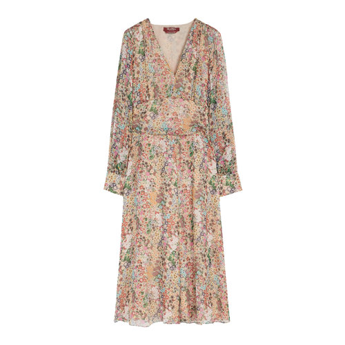 MaxMara/麦丝玛拉 22年早春新款 GAZZA系列 女士黄色/绿色真丝雪纺碎花连衣裙6221042706001