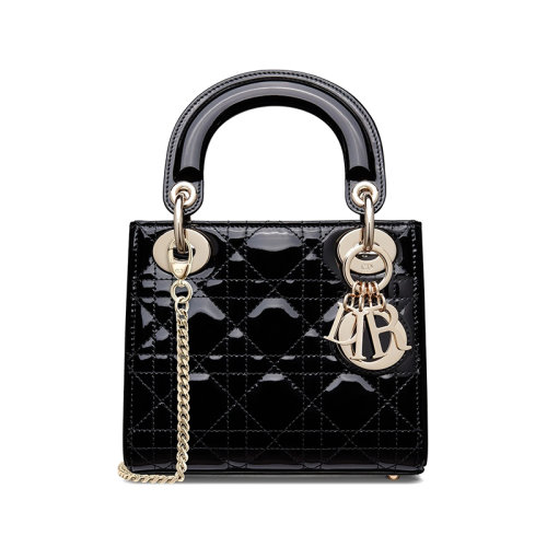 DIOR/迪奥 20 Lad Dior系列 女士黑色漆皮小牛皮戴带链戴妃手提包 M0505OWCB_M900