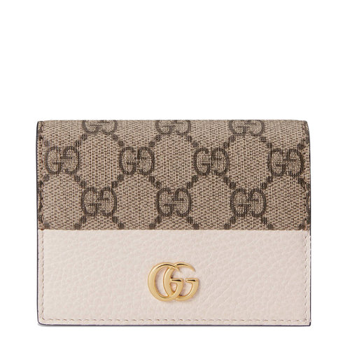 GUCCI/古驰  GG Marmont系列 女士白色皮革和米色/乌木色GG Supreme帆布双G钱包卡片夹65861017WAG9096
