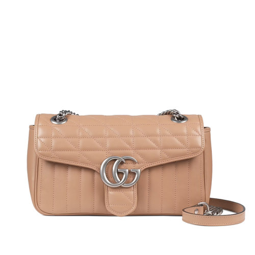 GUCCI/古驰 GGMarmont系列 女士小号粉色绗缝皮革银色饰面翻盖斜挎单肩包?443497UM8AN2754