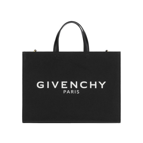 Givenchy/纪梵希 22新款 Cabas G系列 女士中号黑色棉麻帆布白色字母标志拆卸宽肩带皮革手柄金色饰面单肩斜挎手提托特包BB50N2B1F1-001