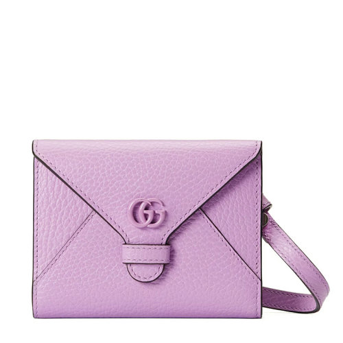GUCCI/古驰 22新款GG Marmont系列 女士淡紫色皮革同色系GG扣配可拆卸长肩带翻盖开合多卡槽卡片夹单肩挂脖手拿信封包70107317WFF5416