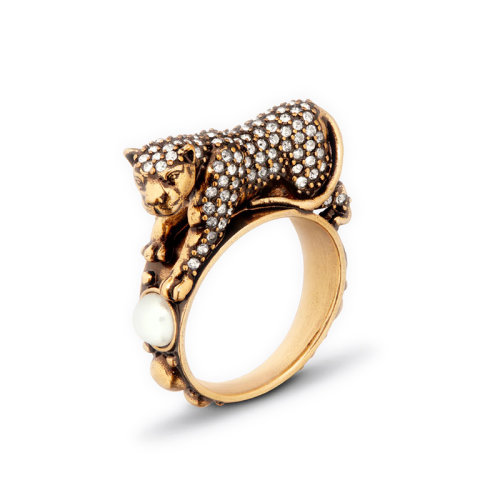 DIOR/迪奥 22新款 女士仿古金色金属白色树脂珠配银色水晶镶嵌老虎戒指R1318WOMCY_D09S