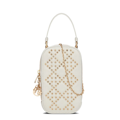 DIOR/迪奥 22新款LADY DIOR系列 女士奶白色羊皮革星星图案藤格纹拉链开合单肩斜挎手提包手机袋S0872ONHB_M030