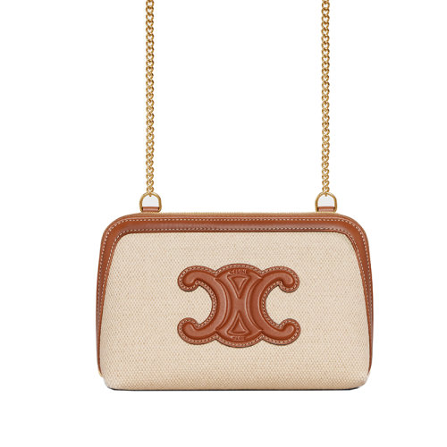 CELINE/赛琳 23春夏新款 女士自然色/棕褐色织物配皮拉链开合金色链条肩带单肩斜挎手拿包10E382DTL.02NT