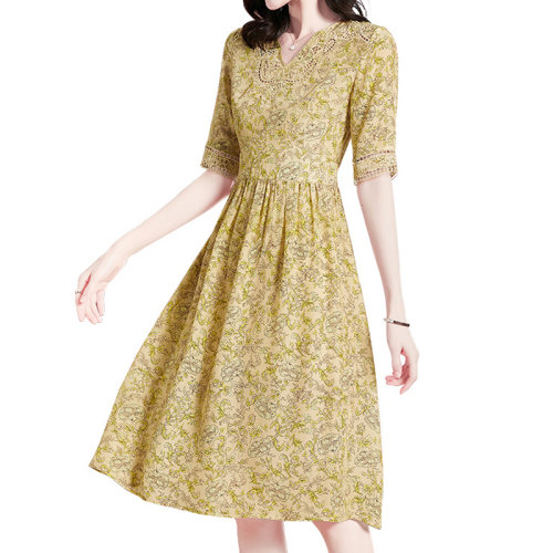 GeleiStory/GeleiStory 夏季新款杭州真丝连衣裙女气质中长款V领短袖碎花桑蚕丝a字裙女装＞女士裙装＞女士连衣裙