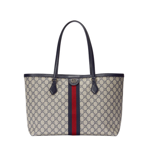 Gucci/古驰 22春夏新款Ophidia系列 女士中号米色/蓝色提花帆布红蓝织带双G老花双提手托特包 63168596IWN4076