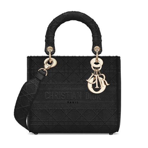 DIOR/迪奥 20Lady Dior 女士中号黑色刺绣帆布肩带单肩手提包戴妃包 M0565OREY_M989