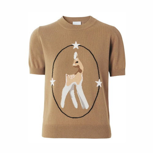 BURBERRY/博柏利 女士棕色羊毛混纺羊绒小鹿图案印花装饰圆领短袖上衣T恤 8048460