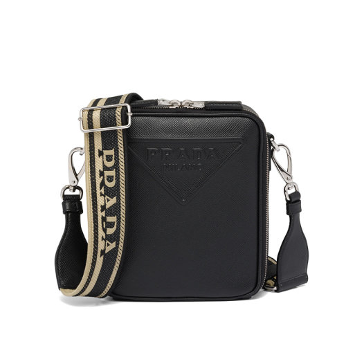 PRADA/普拉达 22年新款 男士黑色皮革米色编织带压花徽标可调节单肩斜挎方形手机包2VH4_2FAD_F0002_V_OOO