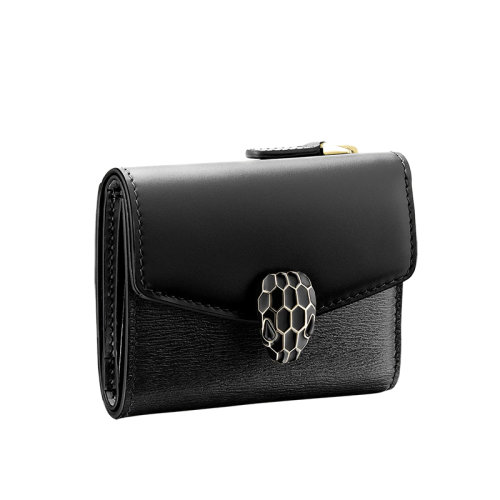 BVLGARI/宝格丽  SERPENTI FOREVER系列 女士黑色小牛皮和山羊皮黑色珐琅经典标志性蛇头扣钱包290317