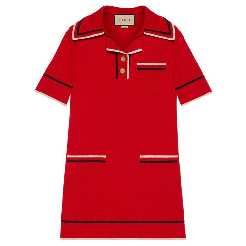 GUCCI/古驰 Theouverture系列 女士美精红色真丝棉混纺针织polo连衣裙661678XKBSK6117