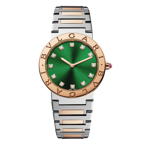 BVLGARI/宝格丽 Bvlgari系列镶钻款18K金玫瑰金和精钢表壳表链雕刻双徽标的18K金玫瑰表圈太阳缎面绿色烤漆表盘 33毫米