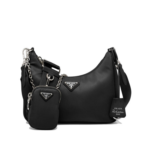 PRADA/普拉达 经典Re-Edition 2005系列 女士黑色再生尼龙皮革饰边涂珐琅金属三角形徽标三合一单肩斜挎手提包1BH204_R064_F0002_V_V9L