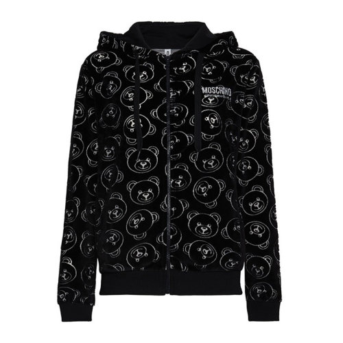 MOSCHINO/莫斯奇诺 女士黑色棉质混纺涤纶经典字母徽标小熊印花拉链开合连帽上衣卫衣外套夹克 A1733-9017-0555