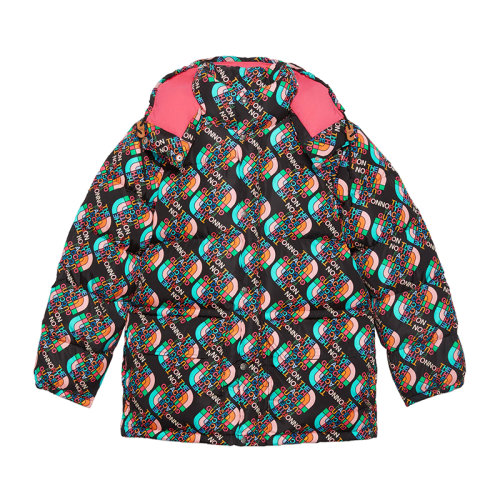 GUCCI/古驰 22秋冬款 The North Face联名系列 女士黑色聚酰胺饰有彩色印花LOGO图案拉链按扣开合可拆卸风帽羽绒服?672452XAAET1075