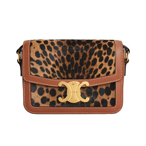 CELINE/赛琳 22新款TRIOMPHE TEEN系列 女士自然色/棕褐色小牛皮配豹纹印花金扣单肩斜挎包188883EH3.02NT