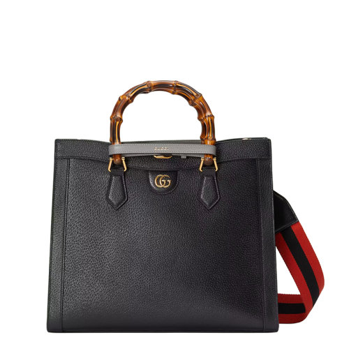 GUCCI/古驰 22春夏新款Diana系列 女士中号黑色皮革灰色饰带金扣双竹节提手单肩手提托特包678842U3ZDT1260