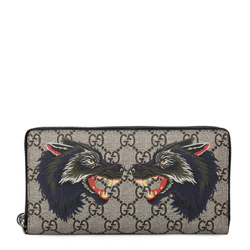 GUCCI/古驰 男士棕黑拼色PVC狼头图案经典双G印花时尚长款钱夹钱包卡包手拿包男包  451273-9H6AN-8697