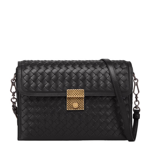 Bottega Veneta/葆蝶家 INTRECCIATO系列女士黑色羊皮经典编织款时尚翻盖小号单肩包斜挎包邮差包女包 463700-AUQ3-1000