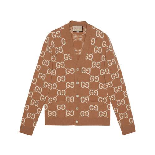 GUCCI/古驰 【22秋冬新款】 男士羊毛V领针织衫羊毛衫毛衣开衫GG提花老花图案 694758 XKCC5