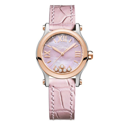  Chopard/萧邦  Happy Sport系列 自动机械表精钢玫瑰金表壳粉珍珠母贝皮质表带女表30毫米278573-6011