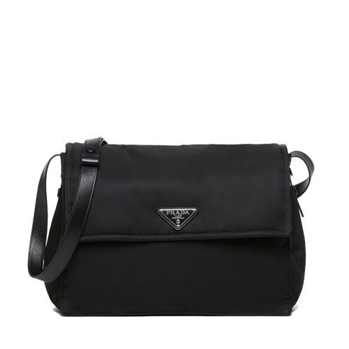 PRADA/普拉达  男士黑色再生尼龙可调式皮革肩带金属配件磁扣开合大号加衬单肩包1BD256_RDLN_F0002_V_OOO