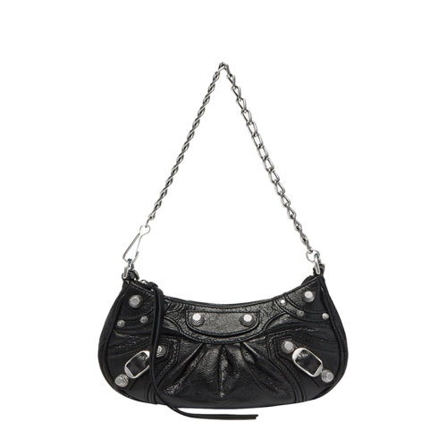 Balenciaga/巴黎世家 22春夏新款LE CAGOLE系列 女士迷你黑色小羊皮复古银扣链式饺子型单肩包 6958141VG9Y1000
