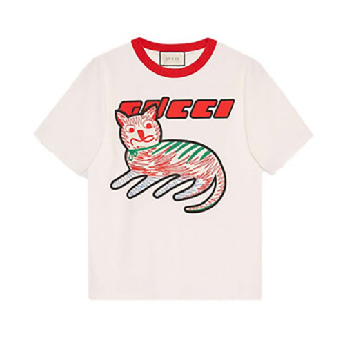 GUCCI/古驰  新款白色涂鸦猫咪女士短袖T恤   bi