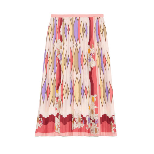 GUCCI/古驰 22年秋冬新款 Lovelight系列 女士红色/粉色桑蚕丝花卉互扣式双G菱形印花褶裥半身裙百褶裙?703372ZAKLT2404