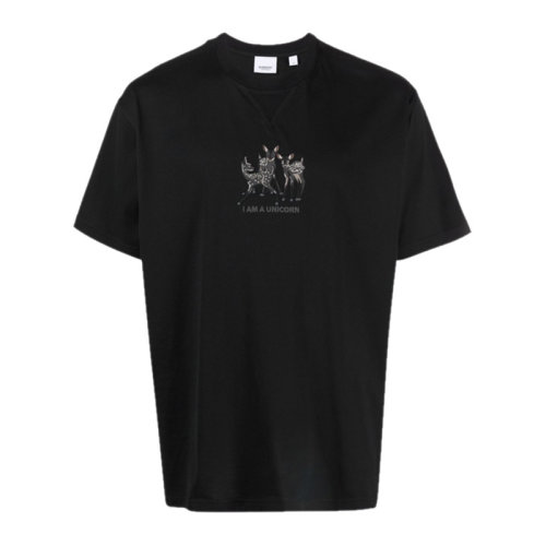 BURBERRY 博柏利 巴宝莉 男士 服装 21早秋 黑色圆领刺绣鹿图案棉质宽松T 恤衫 男士短袖T恤