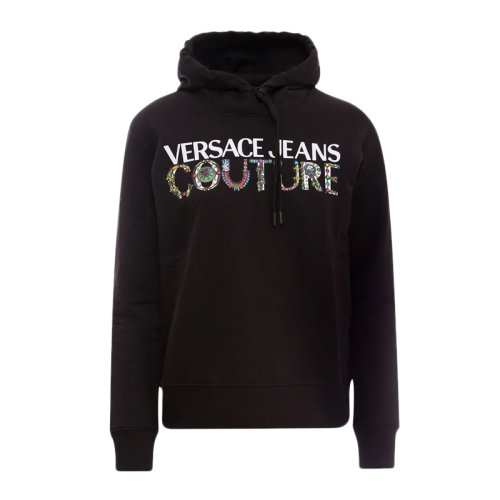 VERSACE JEANS/范思哲牛仔 女士黑色棉质经典字母徽标印花装饰长袖上衣卫衣连帽衫运动衫套头衫 71HAIF04-CF00F-899